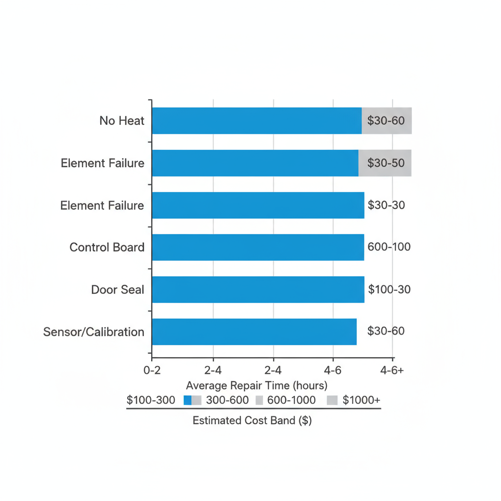 A bar chart illustrating common Wolf oven faults like 'No Heat' and 'Element Failure' alongside typical repair time ranges and cost estimates.