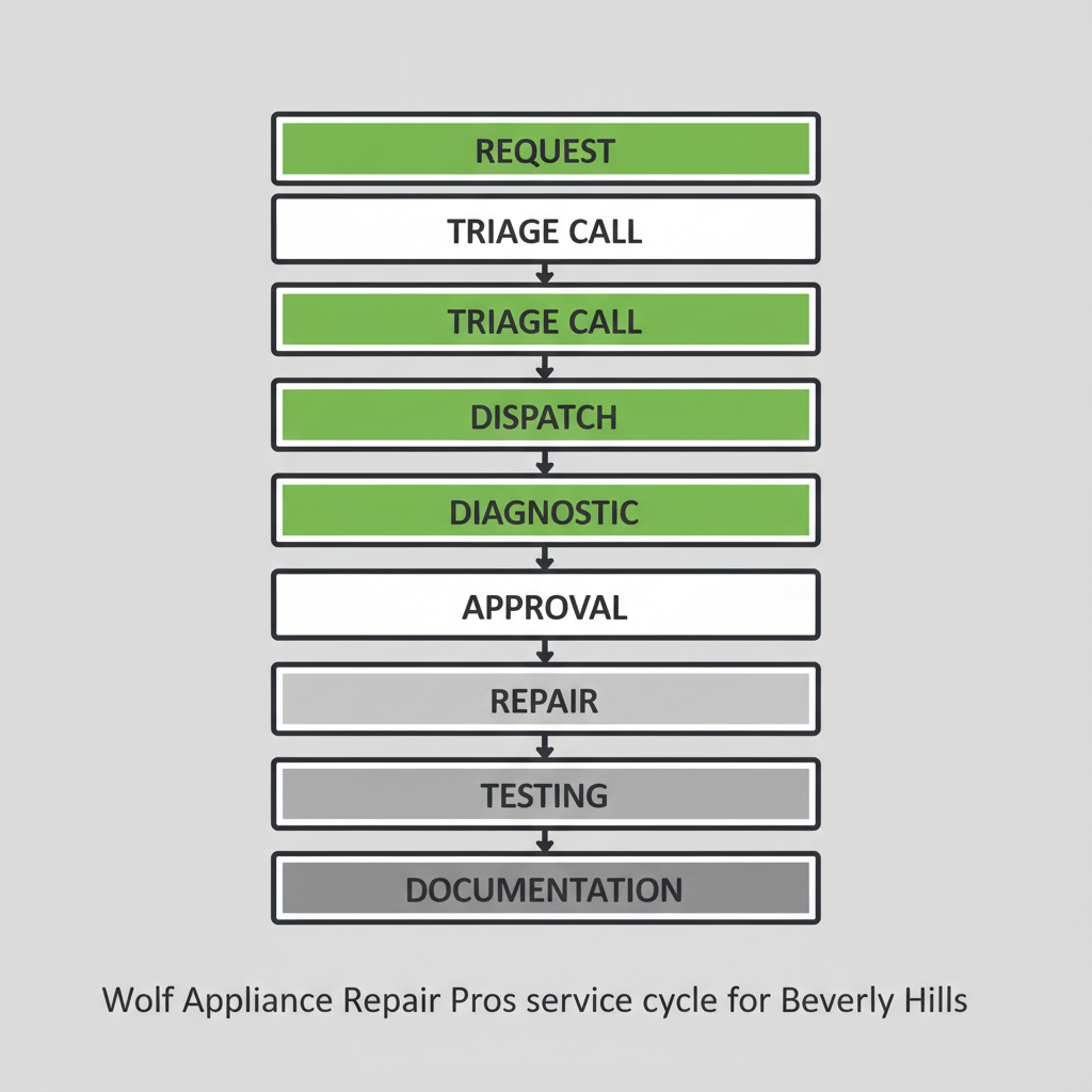 Vertical process flow illustrating the 8 steps of appliance repair service, from contact request to final documentation.