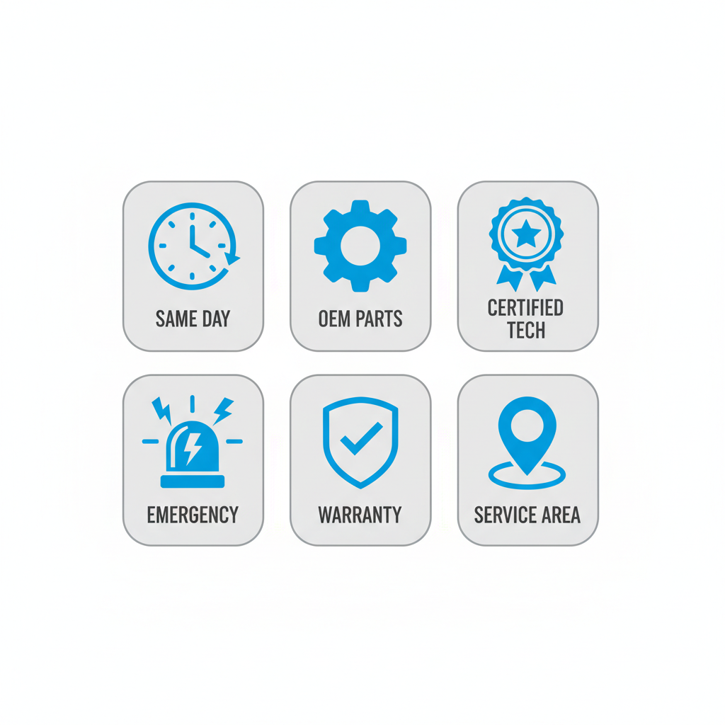 Icon set depicting same-day service, OEM parts, certified technicians, emergency service, warranty, and service area coverage.