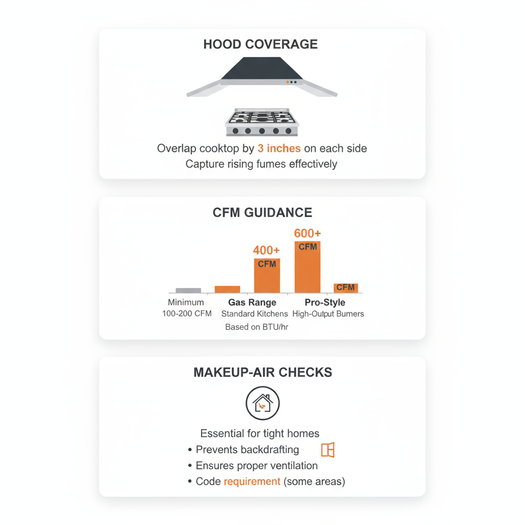 Infographic detailing gas stove venting requirements and safety checks for homeowners, featuring hood coverage, CFM guidance, and makeup-air indicators.