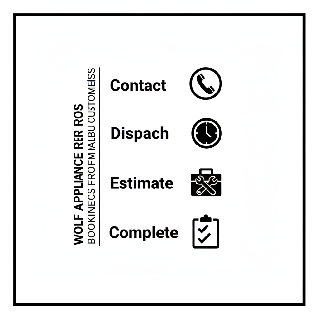 Four-step vertical process flow depicting the appliance repair booking, dispatch, estimate, and completion stages for Wolf Appliance Repair Pros.