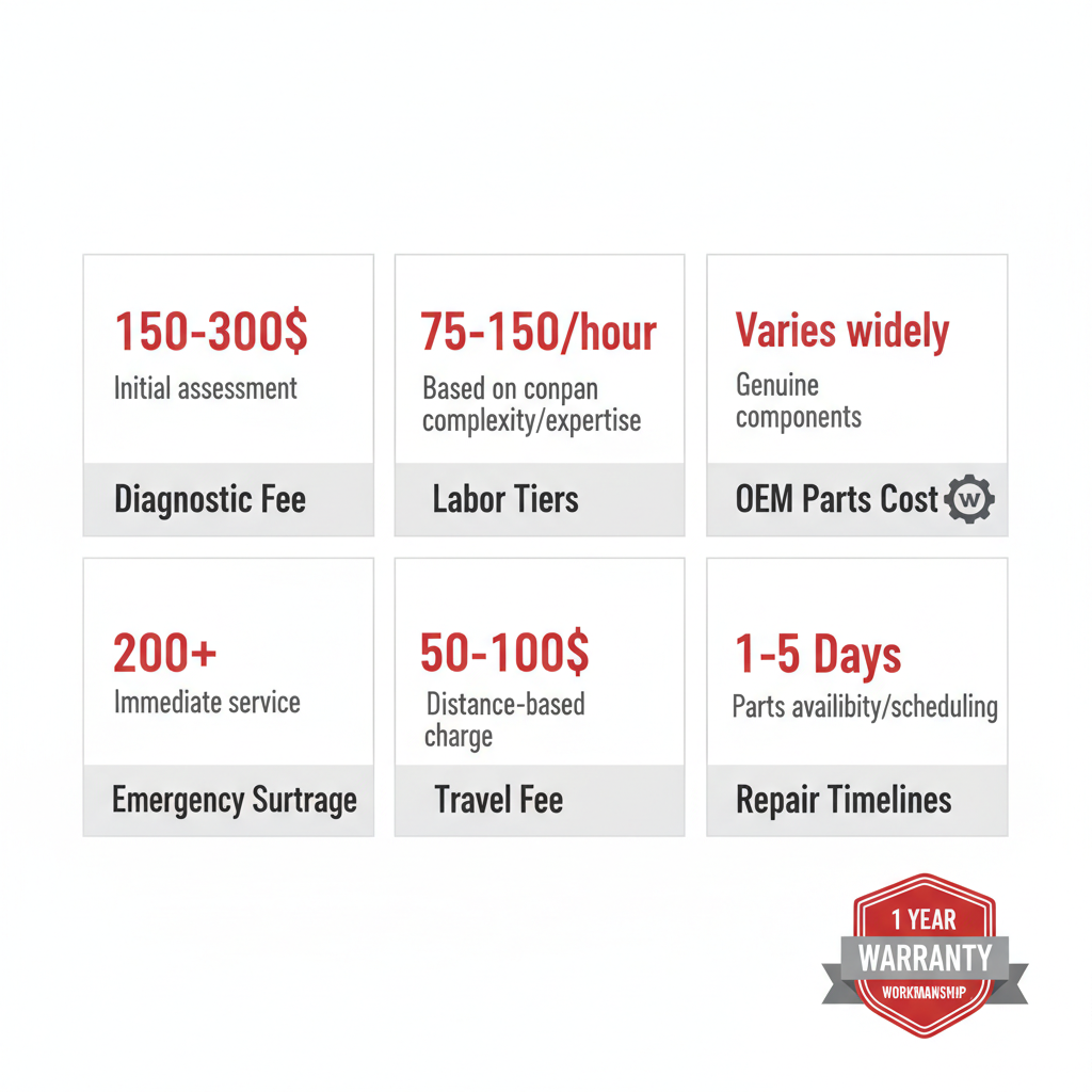 Infographic detailing Wolf range repair cost drivers, including diagnostic fees, labor, OEM parts, and warranty information.