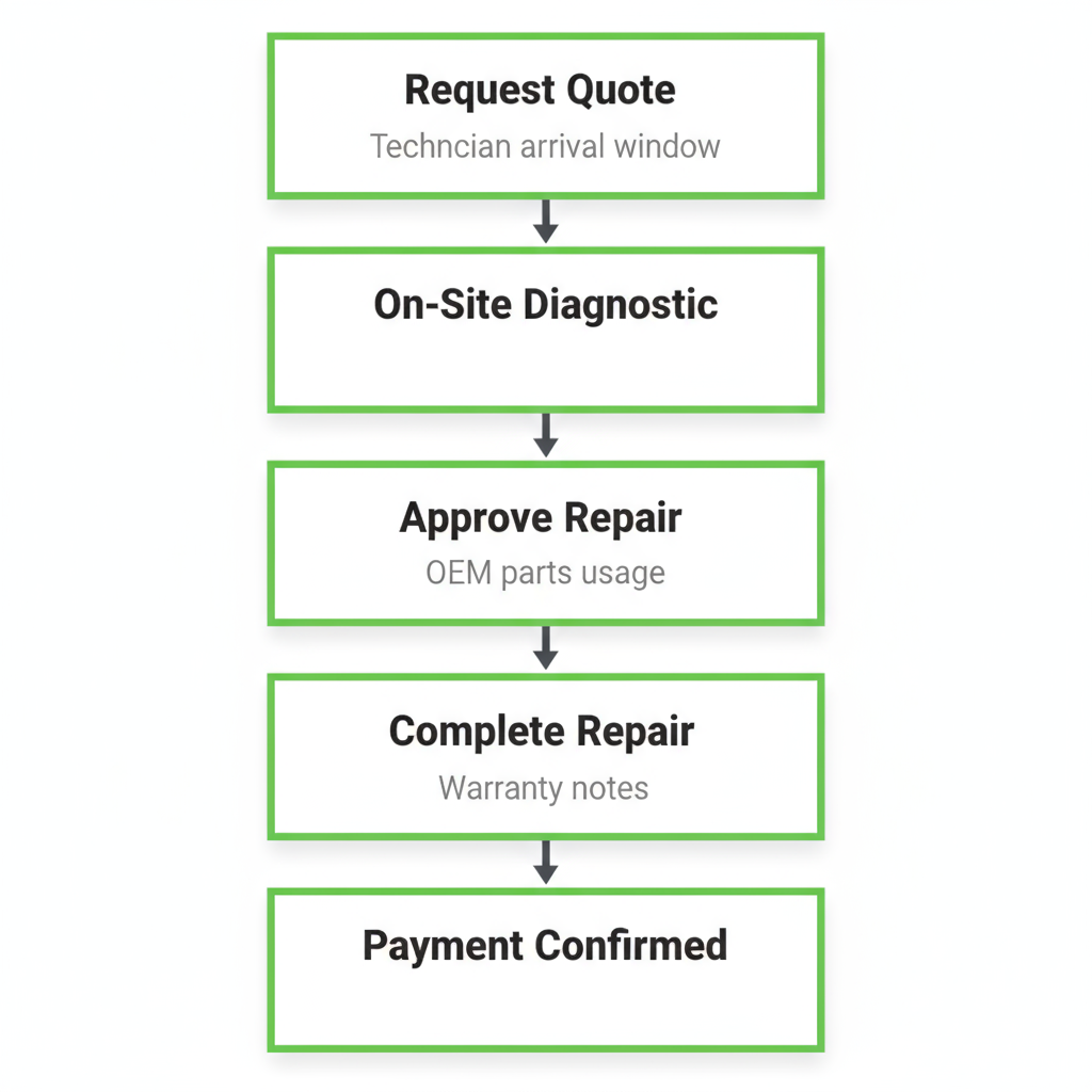 Vertical process flow illustrating the 5-step local Wolf appliance service journey from quote request to repair completion and payment confirmation.