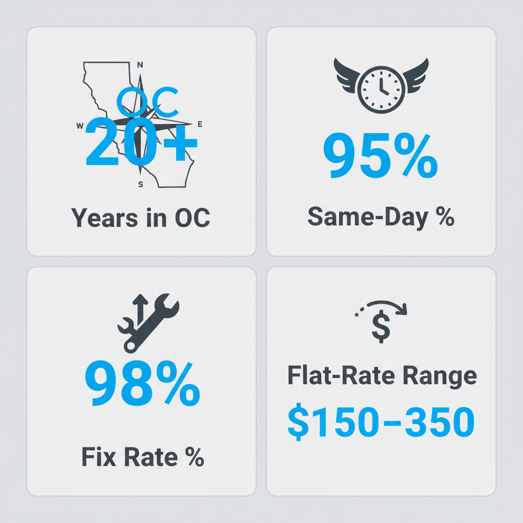 Infographic showing key service statistics for Wolf Appliance Repair Pros in Newport Beach, including years serving Orange County, same-day service percentage, first-visit fix rate, and flat-rate repair range.