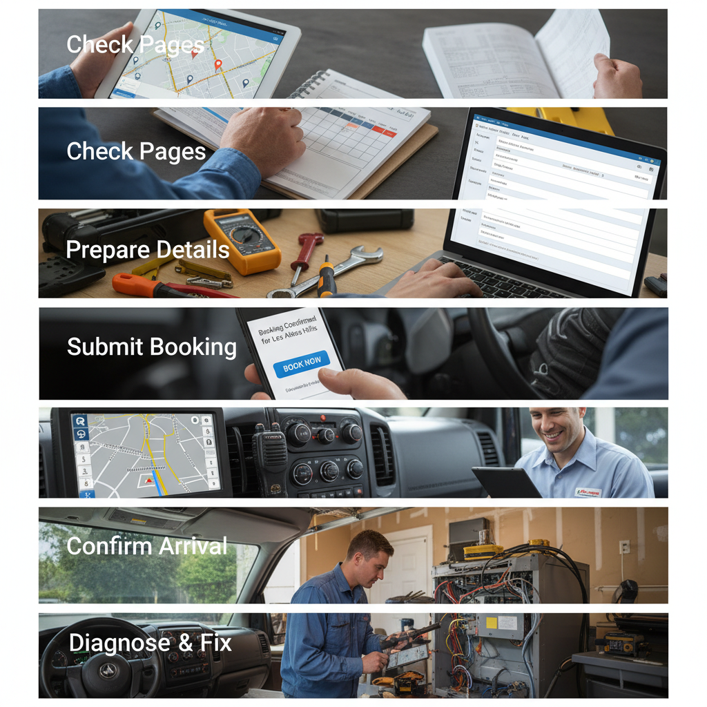 Vertical process flow showing 5 steps to book appliance repair service in Los Altos Hills, from checking service pages to diagnostic and fix.