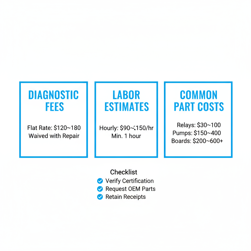 Infographic summarizing Bay Area appliance repair pricing, warranty, and certification verification steps