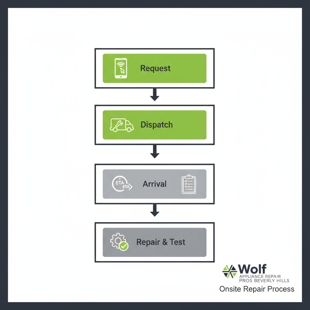 Vertical process flow illustrating the 5-step onsite appliance repair service for Wolf appliances in Beverly Hills, from request to completed repair.