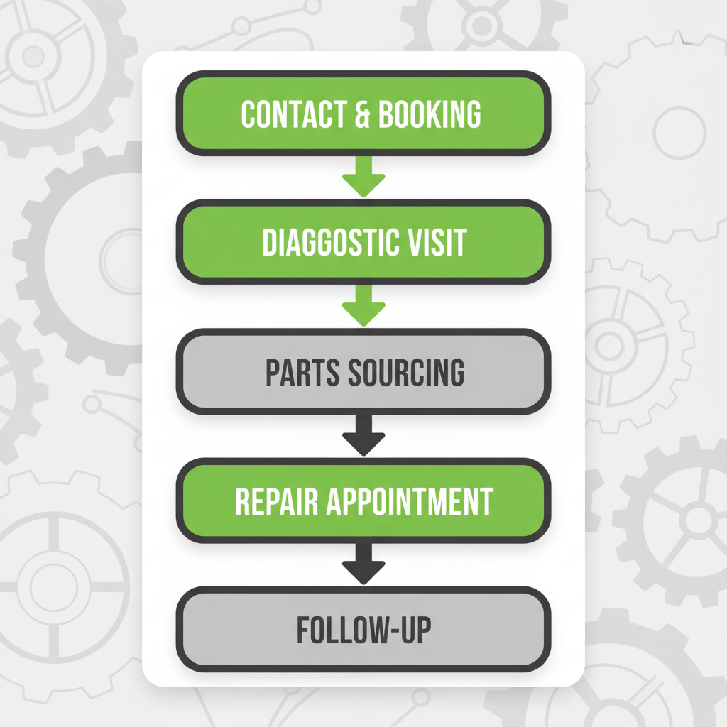 Vertical process flow showing the steps for Wolf appliance repair service, from booking to follow-up