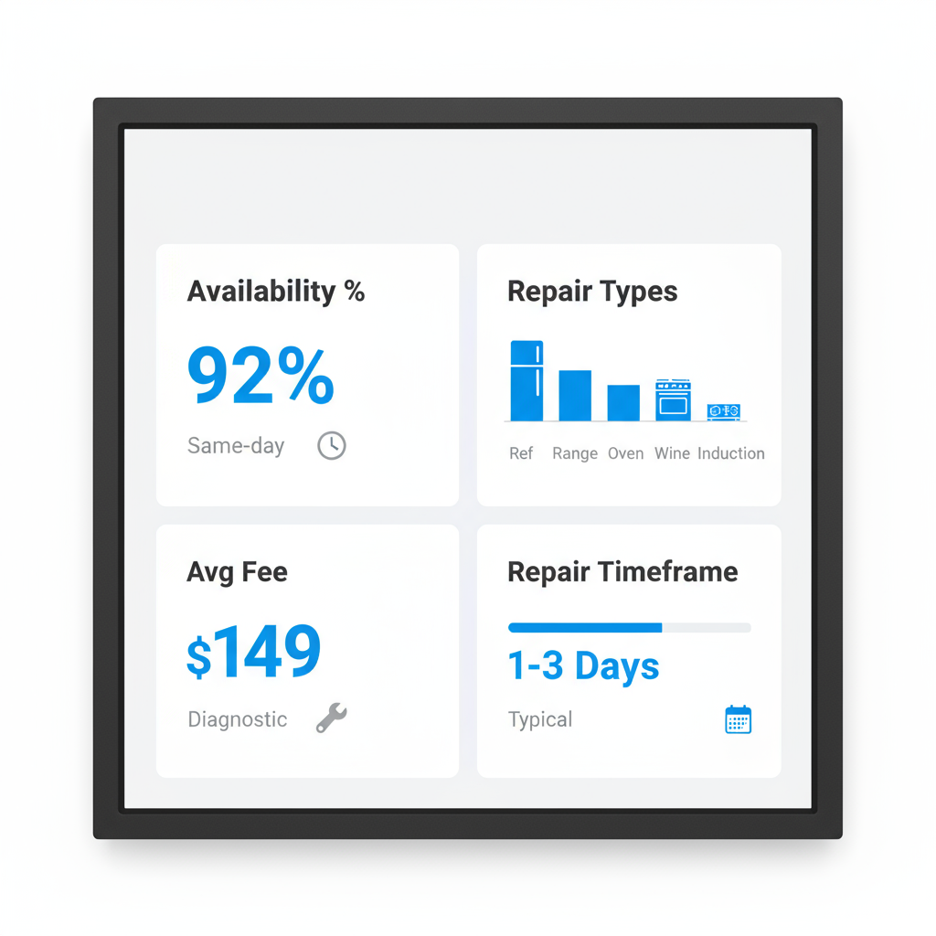 Infographic displaying Newport Beach service metrics: same-day availability, common repair types for various Wolf appliances, average diagnostic fee, and typical repair timeframes.