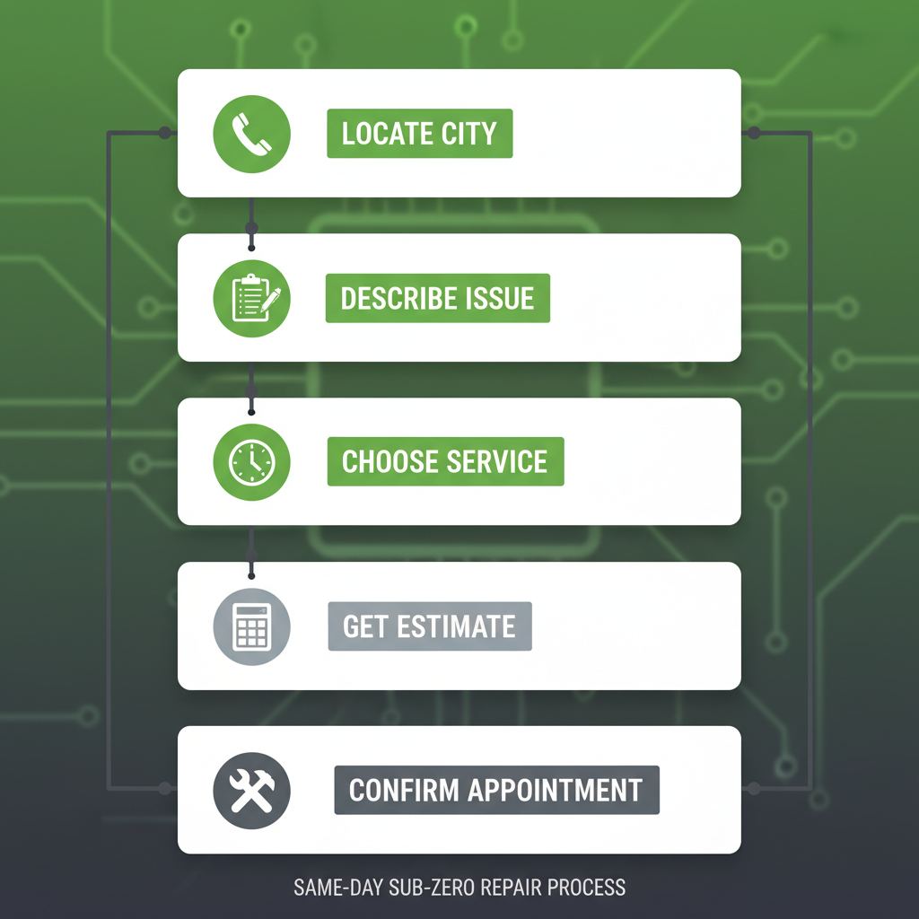 Vertical process flow illustrating 5 steps to schedule a same-day Sub-Zero appliance repair service