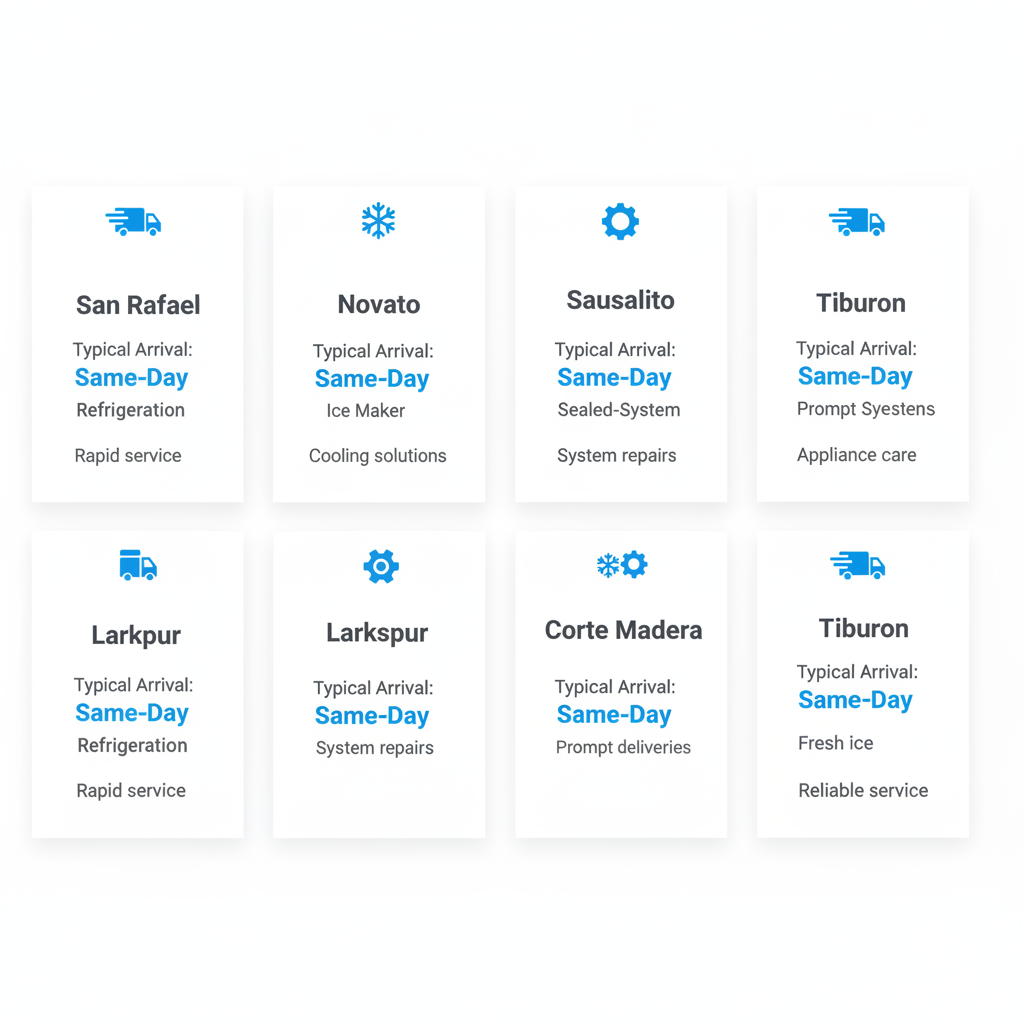 Infographic showing 7 Marin County cities with icons for service highlights like arrival windows and primary services