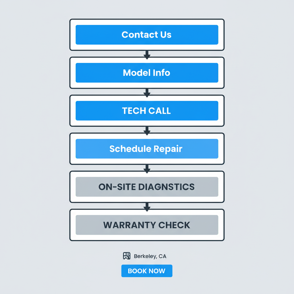 Vertical process flow illustrating the 7 steps to book a Sub-Zero appliance repair in Berkeley.