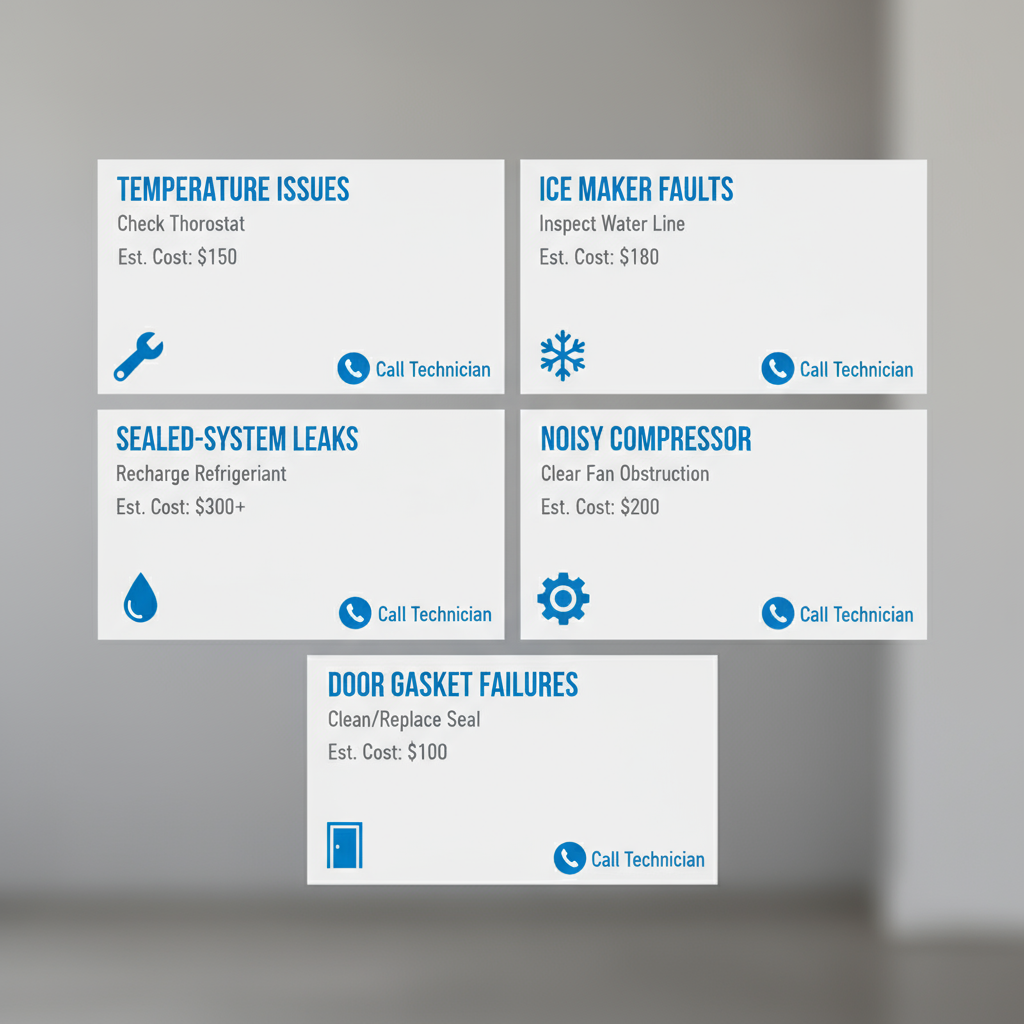 Infographic showing common Sub-Zero refrigerator problems with quick fixes and when to call a technician.