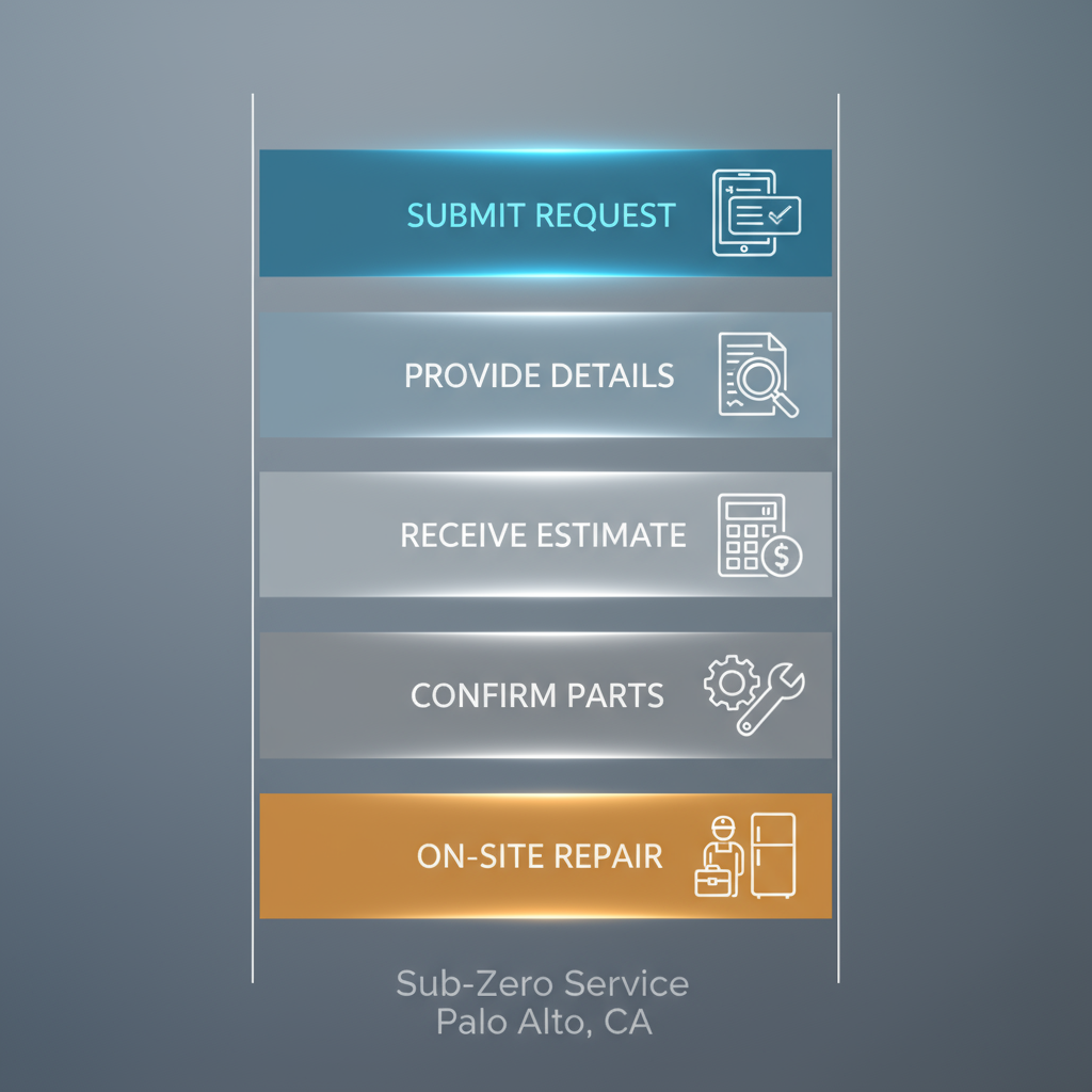 Vertical process flow illustrating the 5 steps to book and complete Sub-Zero appliance repair service in Palo Alto