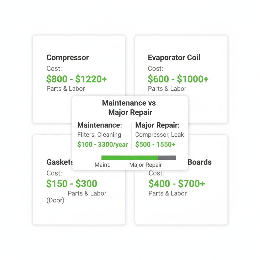 Infographic displaying common Sub-Zero repair parts and a comparison of maintenance versus major repair costs.