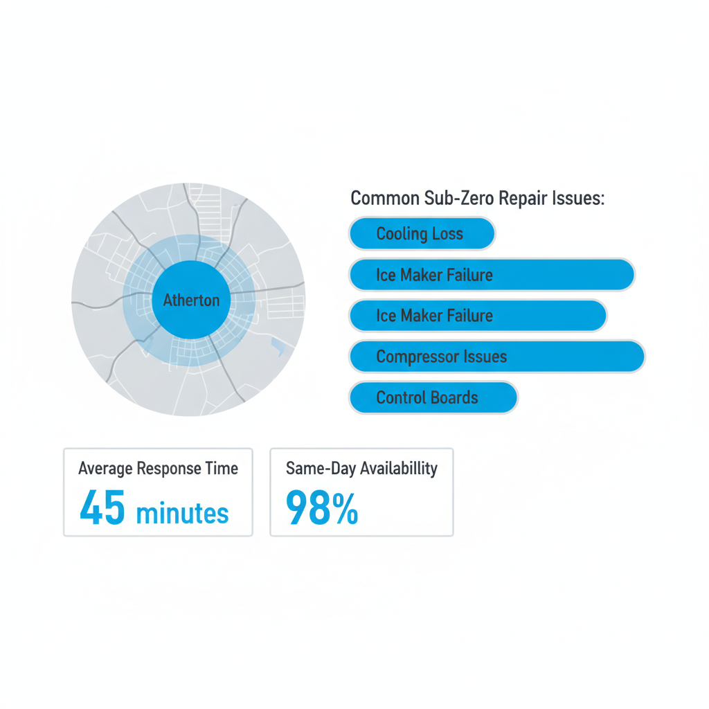 Data visualization showing Wolf appliance repair service coverage, response times, and common Sub-Zero issues in Atherton