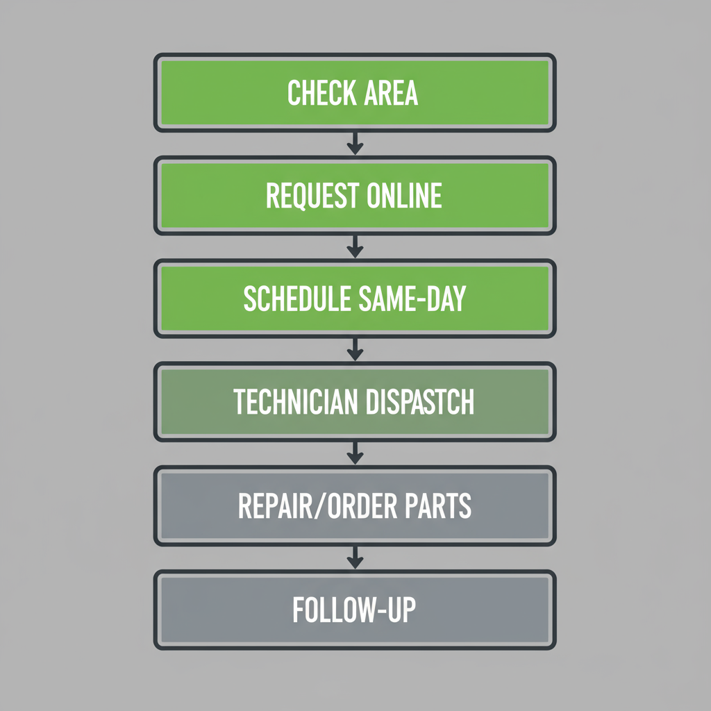 A vertical process flow diagram illustrating the 7 steps to book an appliance repair service, from checking the service area to post-service follow-up. Each step is clearly labeled.