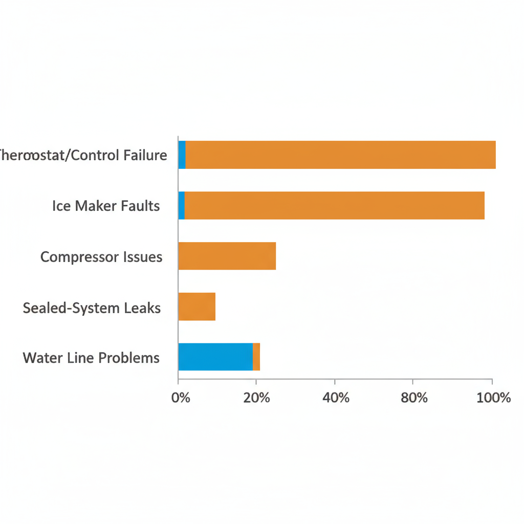 Bar chart illustrating the frequency of common Sub-Zero refrigerator problems, including thermostat, ice maker, compressor, sealed-system, and water line issues.