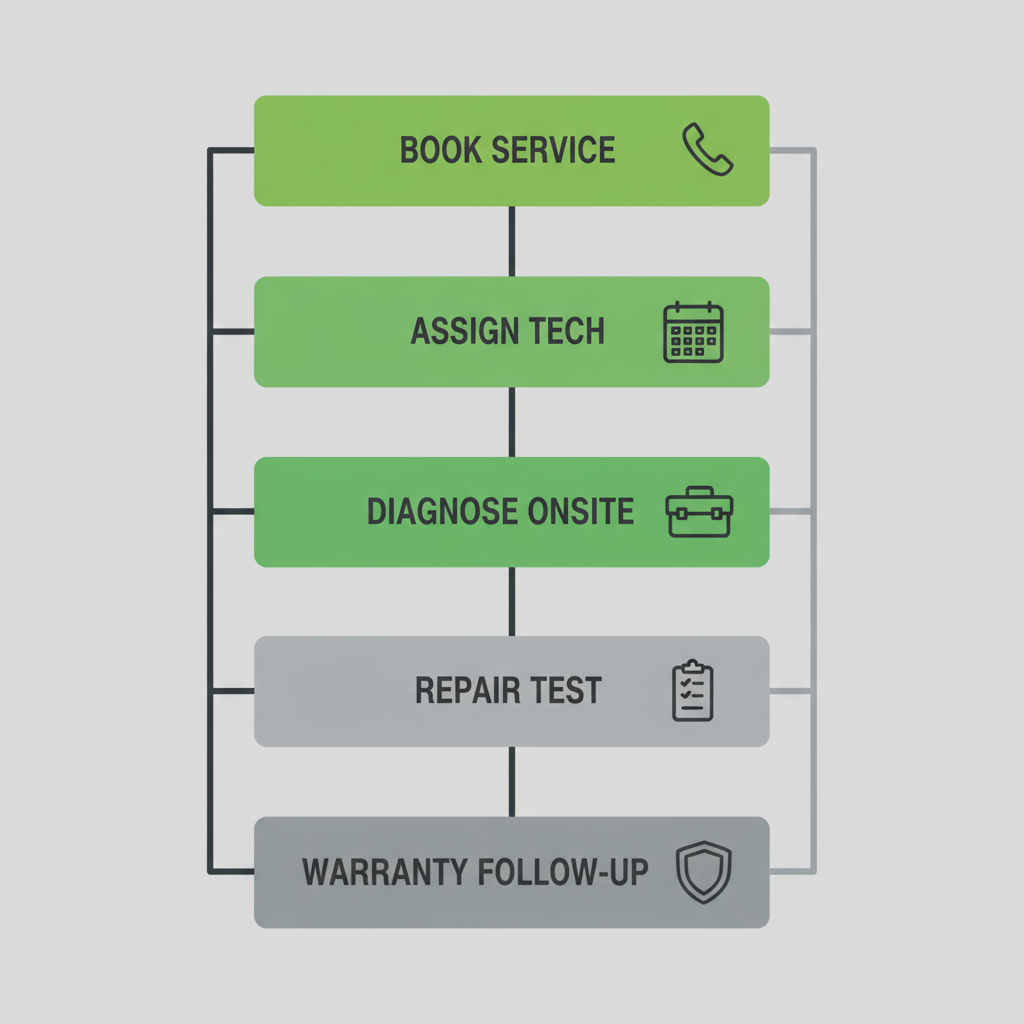 Vertical process flow illustrating 5 steps of the Wolf Appliance Repair Pros service booking and repair process.