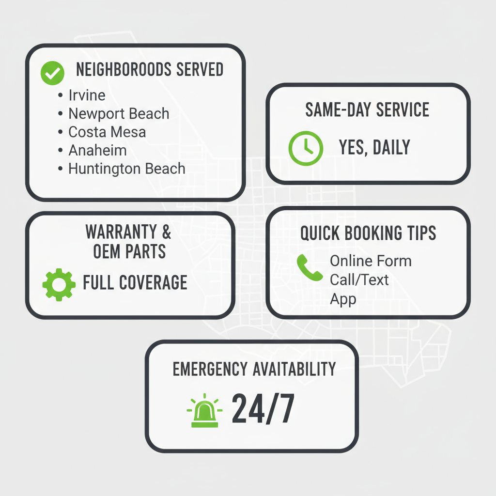 Infographic showing service coverage details for Irvine and Orange County, including neighborhoods, same-day service, emergency repairs, warranty, OEM parts, and booking tips.