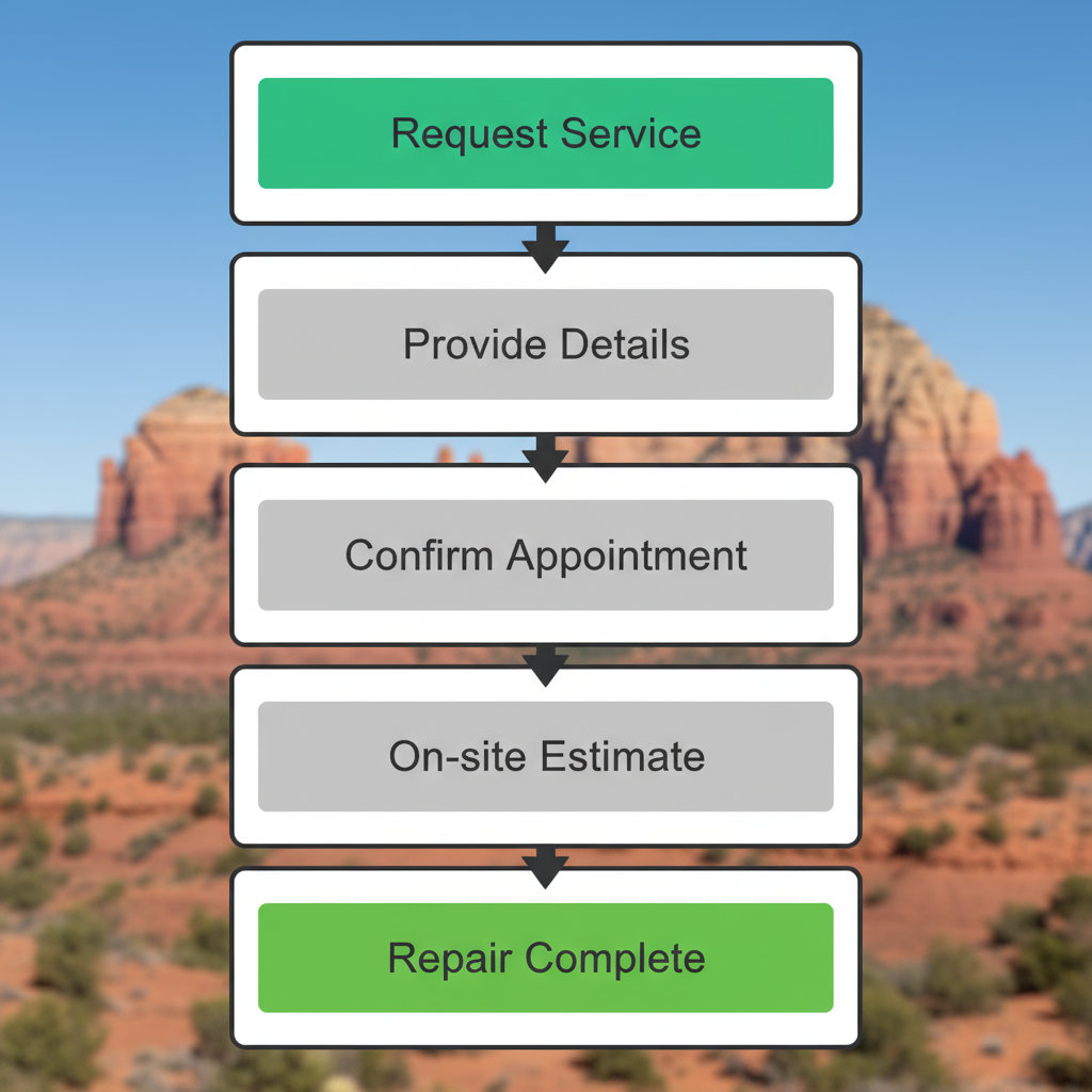Vertical process flow depicting five steps for Wolf appliance repair service in Sedona, from request to warranty confirmation.