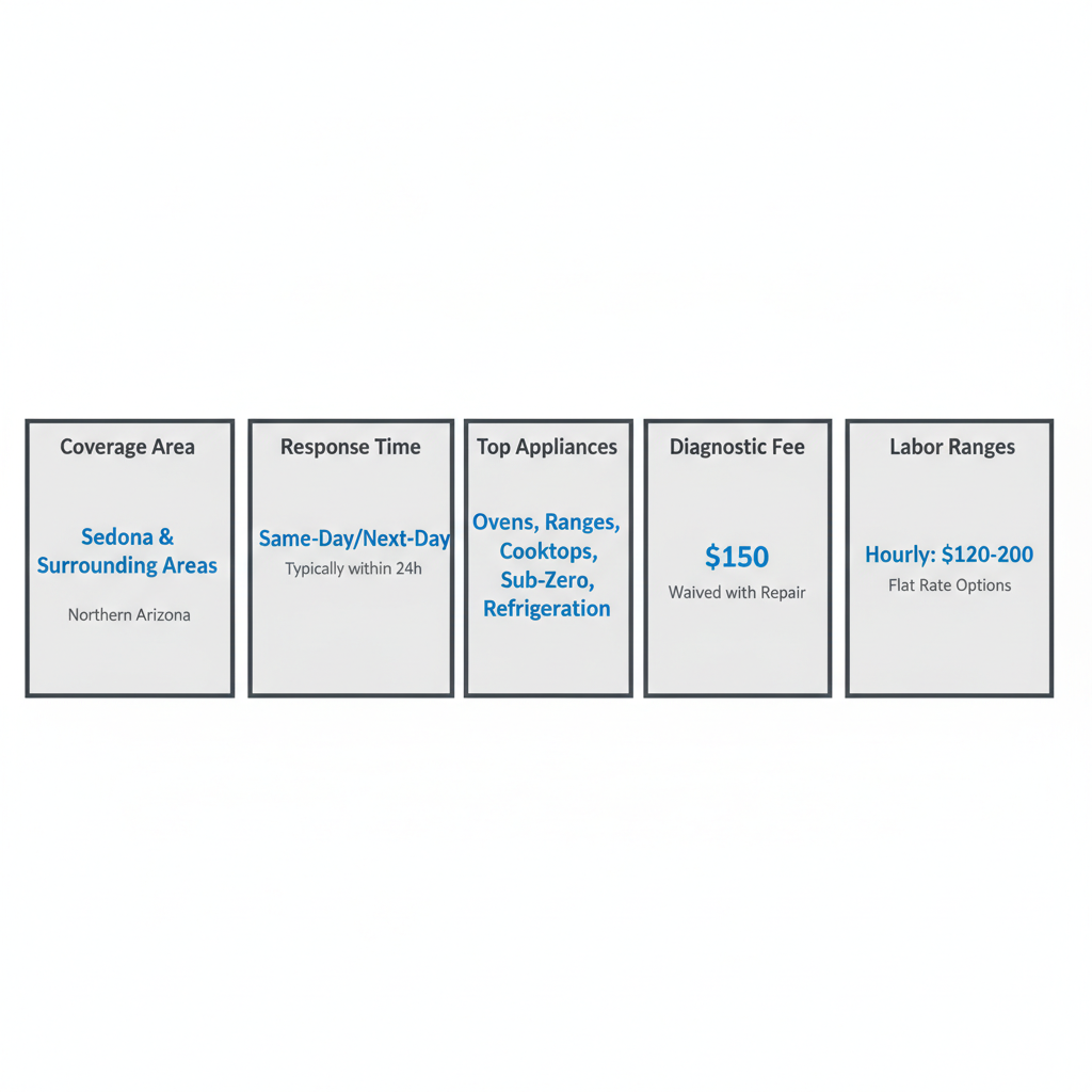 Infographic showing service snapshot for Wolf Appliance Repair Pros in Sedona, including coverage, response times, appliance types, and pricing details.