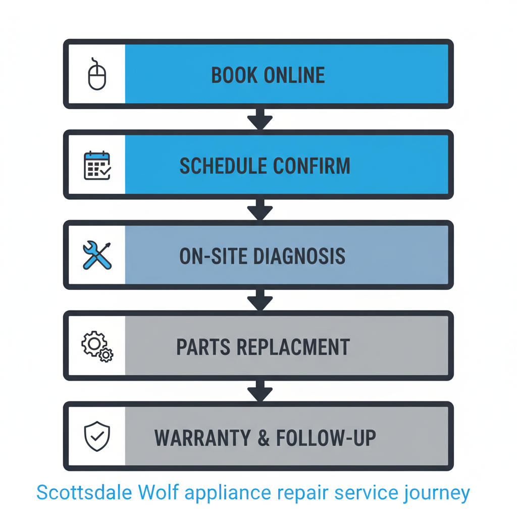 Five-step vertical process flow showing the appliance repair service journey in Scottsdale, from online booking to warranty activation.