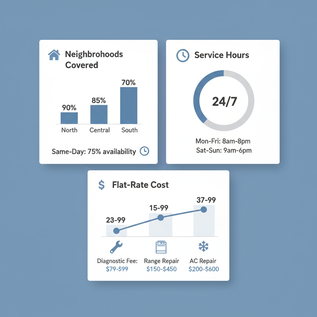 Infographic showing service coverage details for Wolf appliance repair in Scottsdale, including neighborhoods, service hours, and flat-rate repair costs.