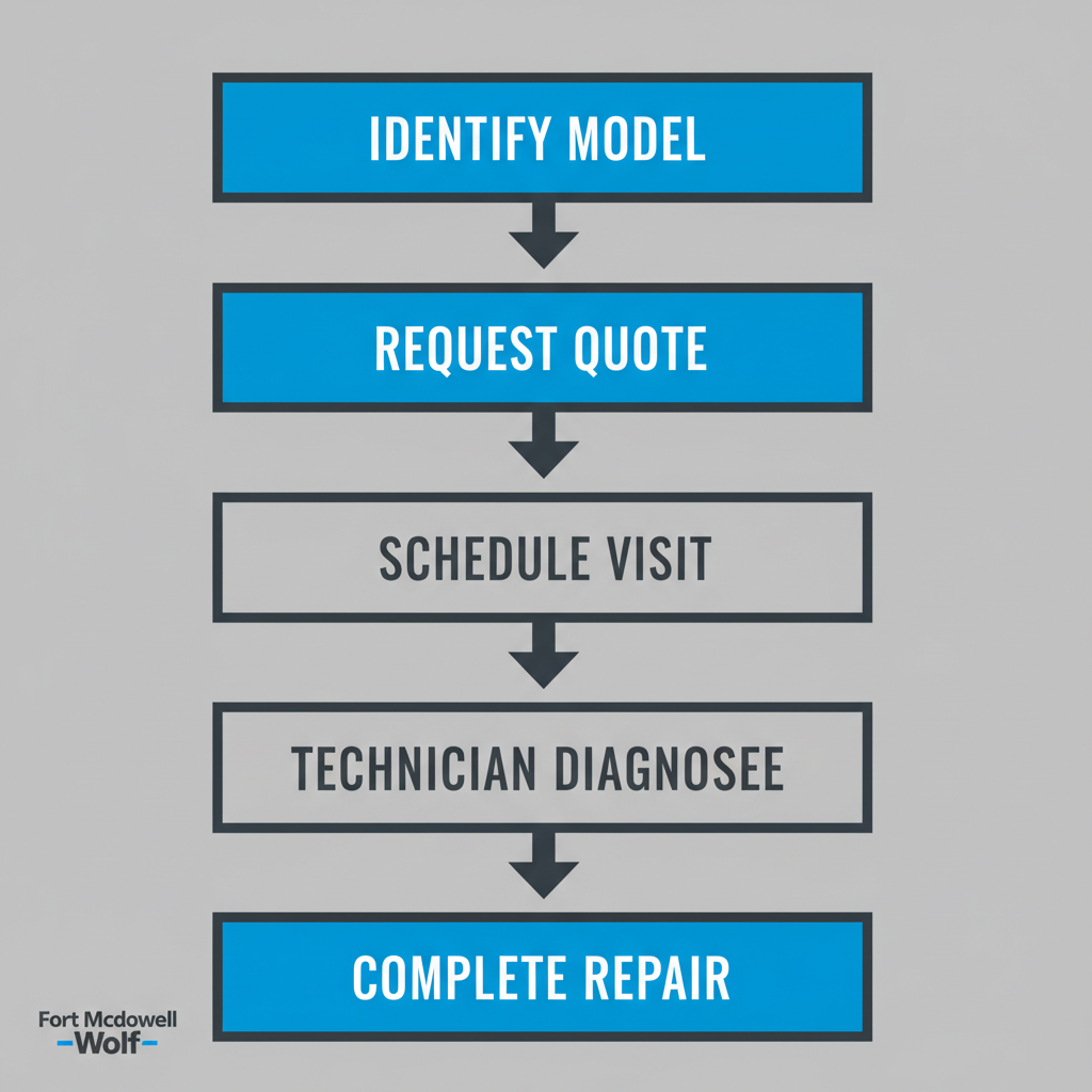 Five-step vertical process flow illustrating the Wolf appliance repair booking and service process in Fort McDowell.