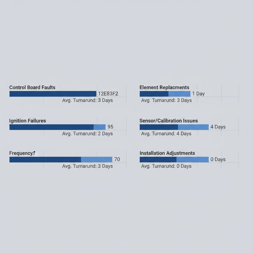 Data visualization showing frequency and average turnaround time for common Wolf appliance repair types in Fort McDowell, including control board faults, ignition failures, and element replacements.