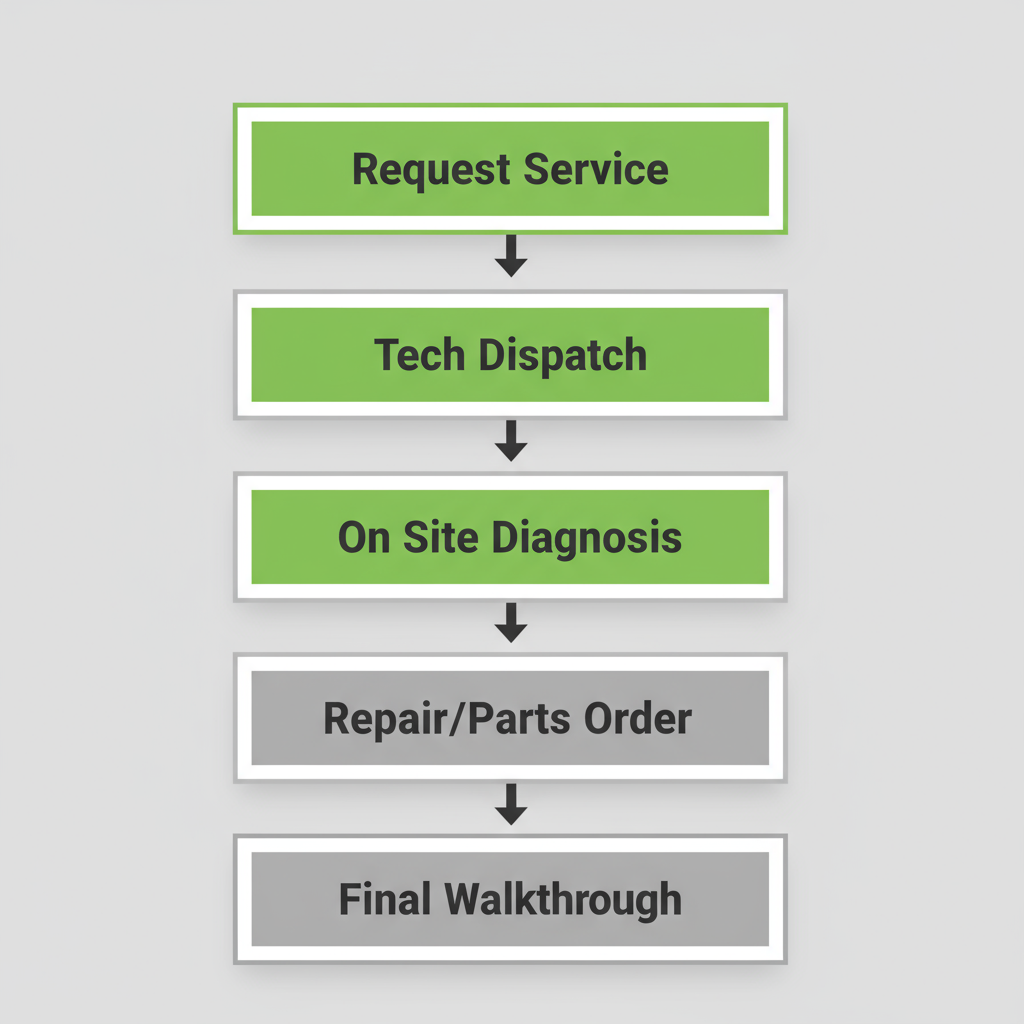 Vertical process flow showing 5 steps of the Wolf Appliance Repair customer service journey from request to completion.