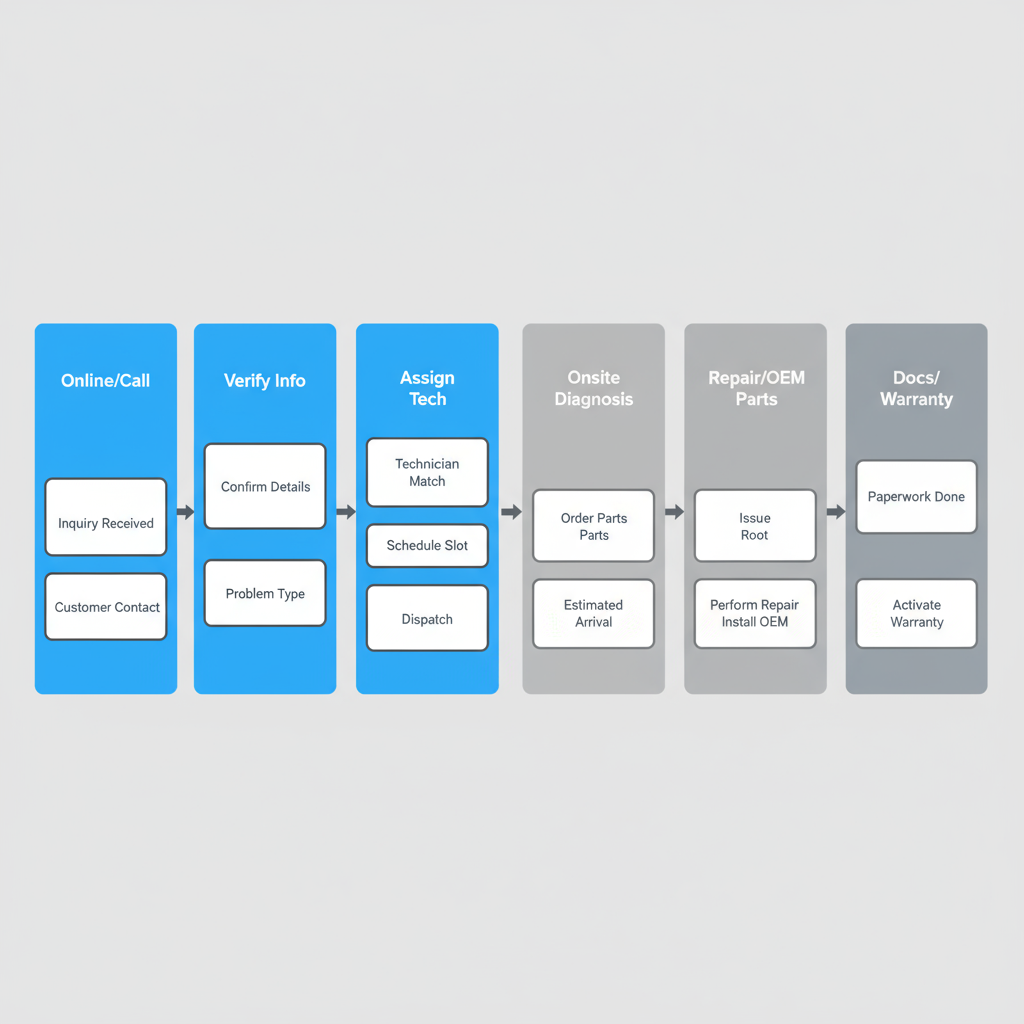 Vertical process flow illustrating the 7-step customer journey for Wolf appliance repair booking and technician dispatch.