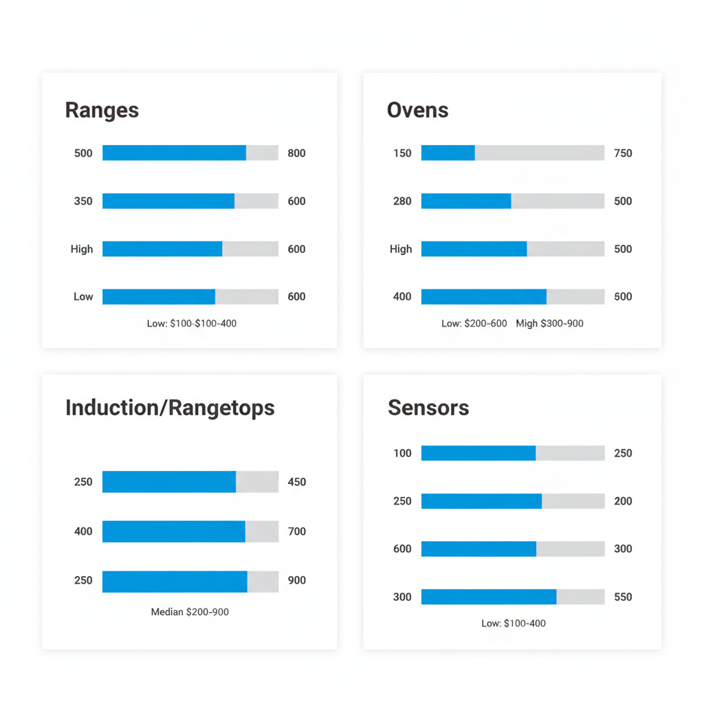 Data visualization showing typical cost ranges for repairing Wolf ranges, ovens, induction cooktops, and sensor replacements.