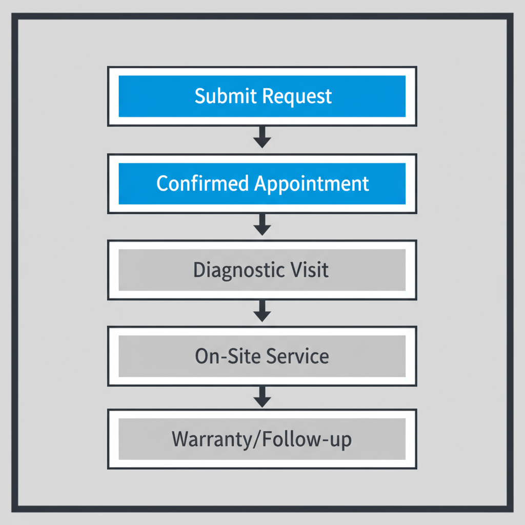 A vertical process flow illustrating the 5 steps for booking and receiving Wolf appliance repair service, from submitting a request to warranty follow-up.