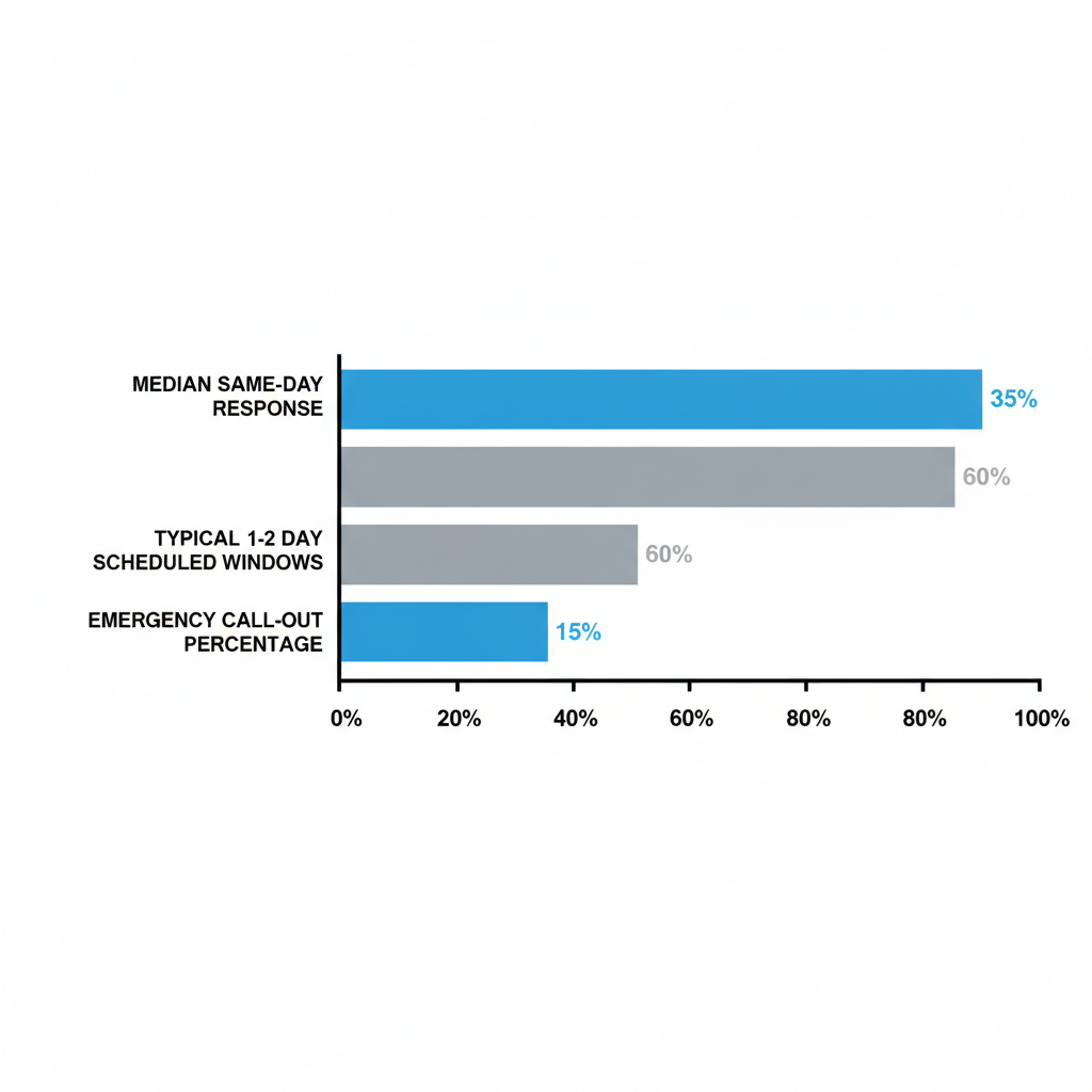Data visualization comparing appliance repair response times between local technicians and large dispatch, highlighting same-day, scheduled, and emergency call-out metrics.