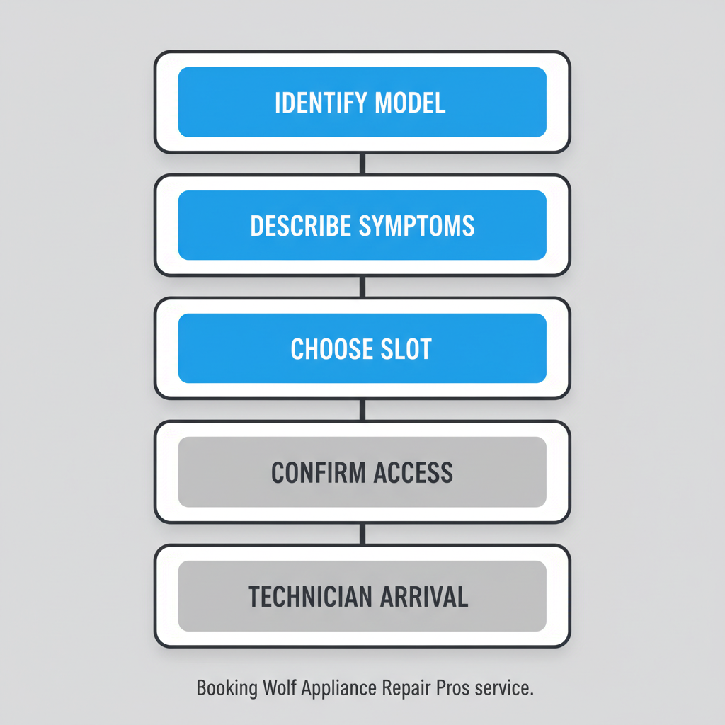 A vertical process flow diagram illustrating five steps to book and prepare for appliance repair service.