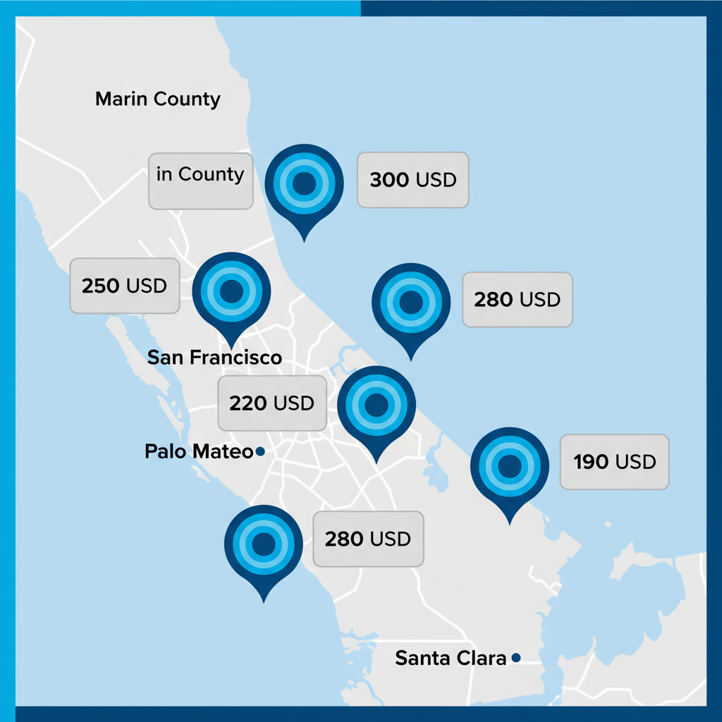 Map-style data visualization showing Wolf Appliance Repair Pros service coverage and response times across San Francisco, Marin, San Mateo, Palo Alto, Berkeley, and Santa Clara.