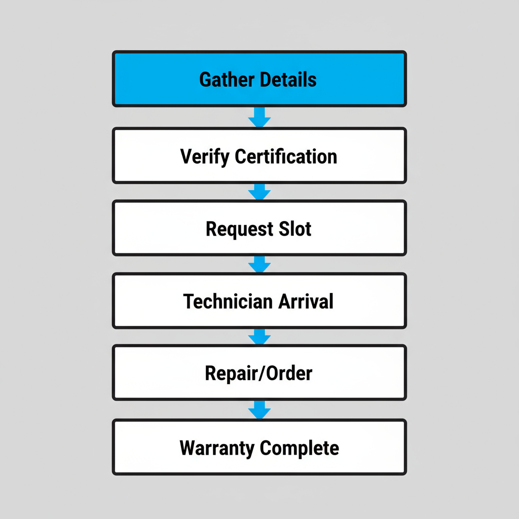 Vertical process flow illustrating the 6 steps for booking home appliance repair services, from gathering details to warranty completion, designed for mobile readability.