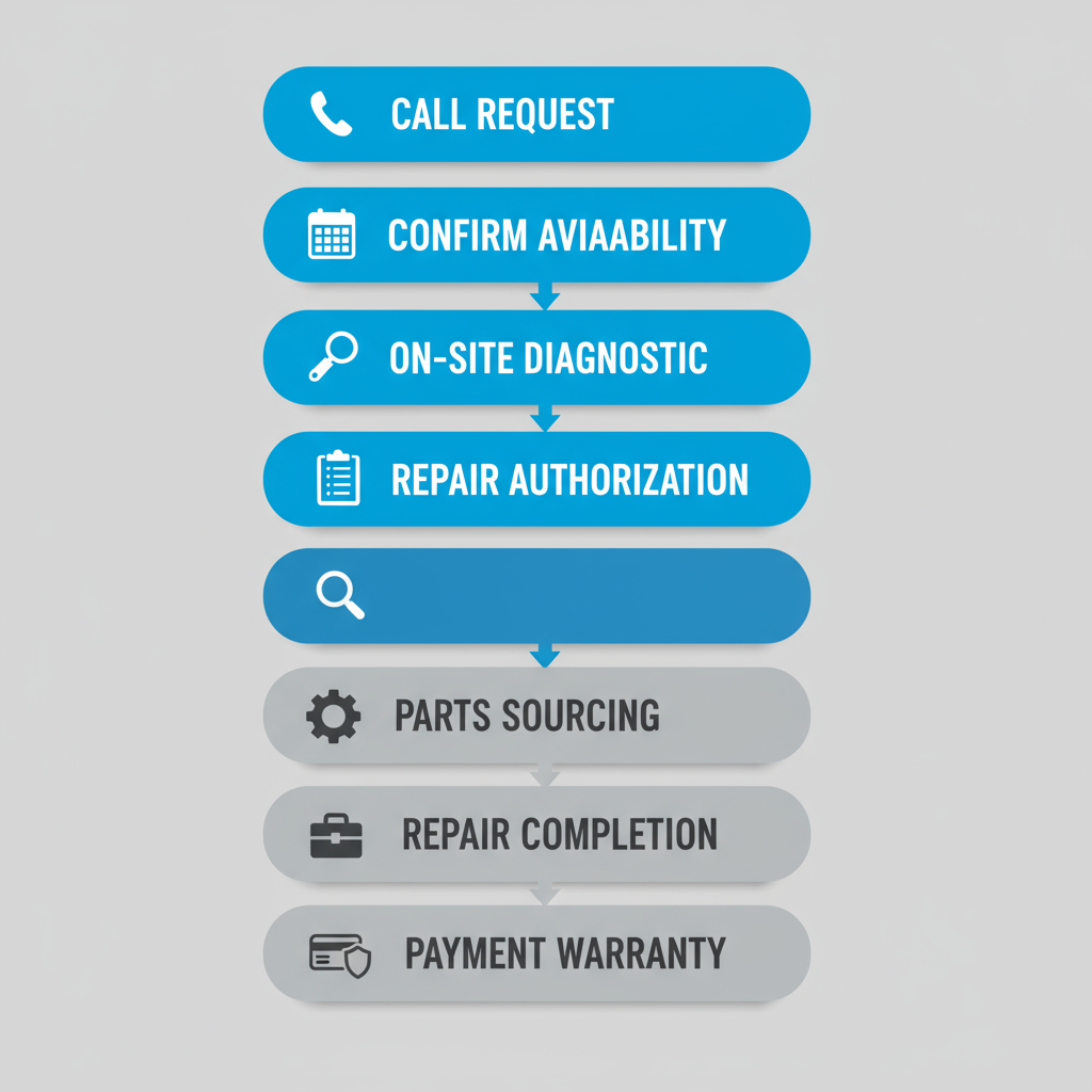 Vertical process flow illustrating the seven steps of scheduling and completing an appliance repair service.