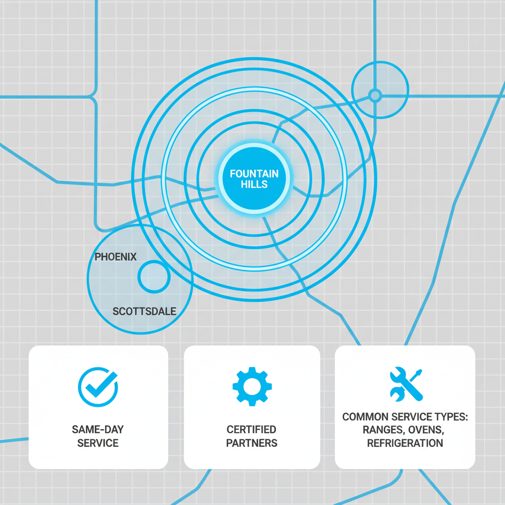 Data visualization depicting the service area radius from Fountain Hills to Phoenix and Scottsdale for Wolf appliance repair, highlighting key service features.