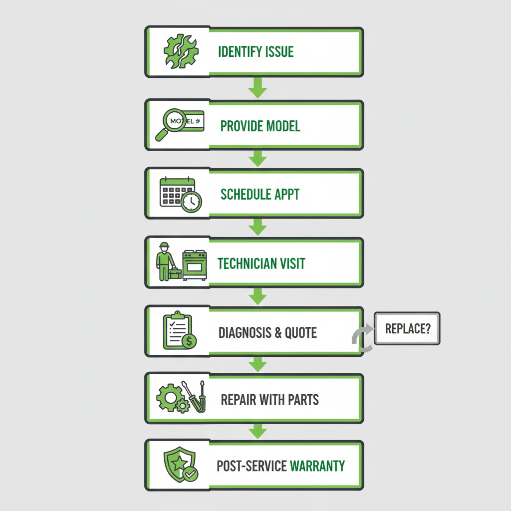 A seven-step vertical process flow illustrating the customer journey for booking appliance repair with Wolf Appliance Repair Pros.