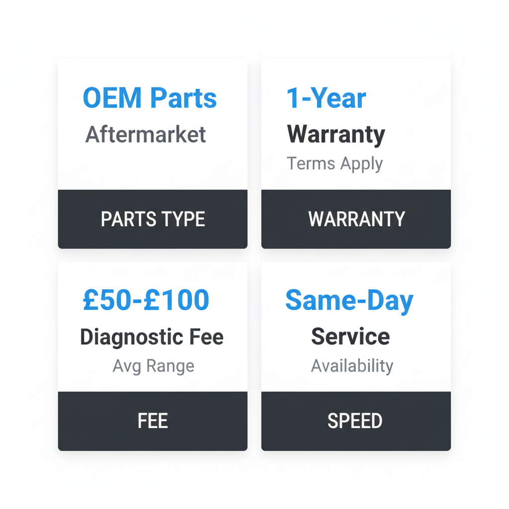 Infographic detailing local appliance repair considerations including OEM parts, warranty, diagnostic fees, and same-day service.