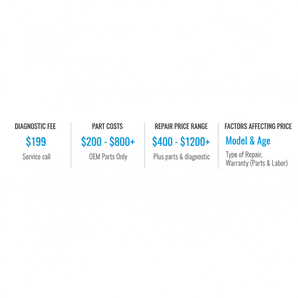 Landscape infographic detailing Wolf oven repair costs for Miami Beach, showing diagnostic fee, typical part costs, repair price ranges, and factors like model and part scarcity, including notes on OEM parts and warranty.