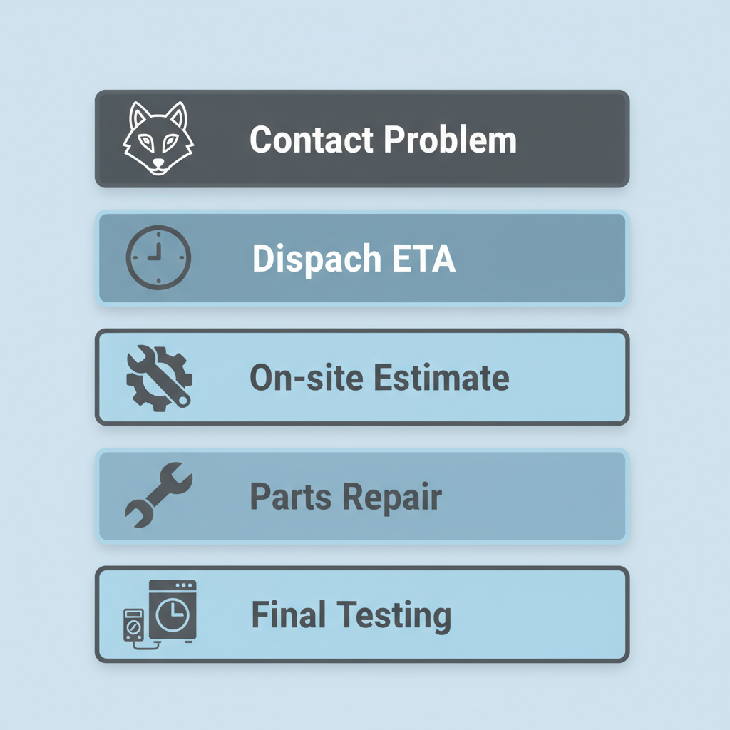 Vertical process flow showing 5 steps of the Wolf appliance repair booking and service process, from initial contact to final testing.