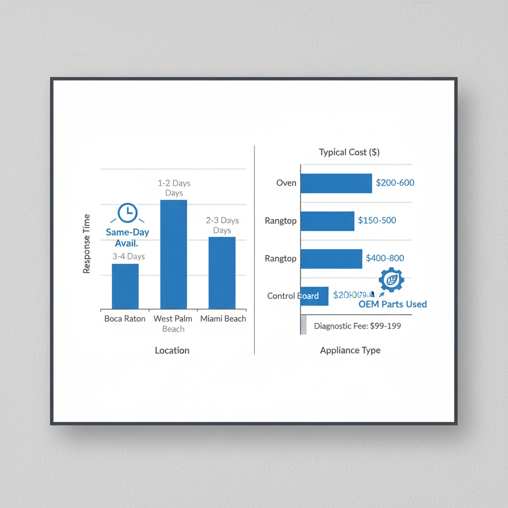 Data visualization comparing appliance repair response times and typical costs across different Florida locations, highlighting diagnostic fees and repair price ranges for specific appliance parts.