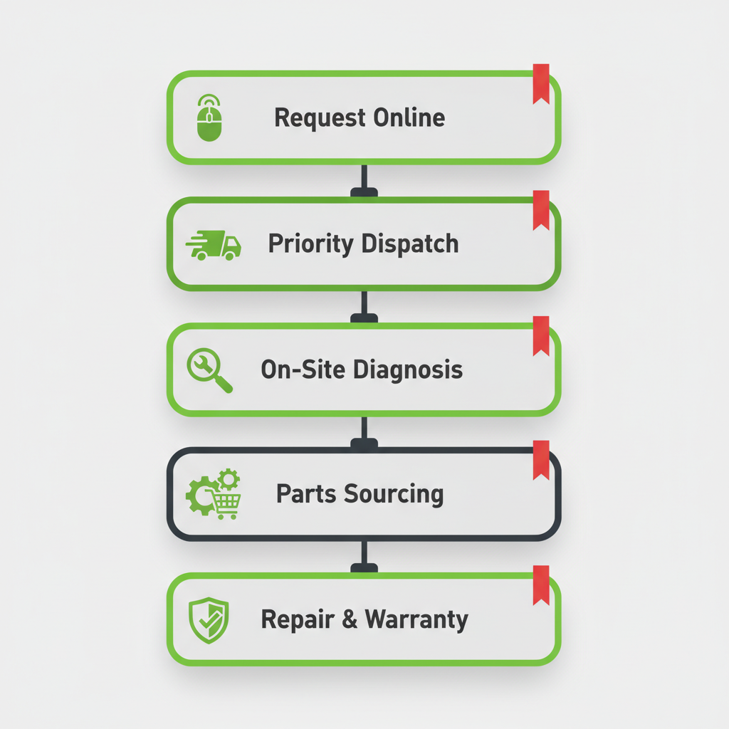 5-step vertical process flow showing Wolf Appliance Repair Pros same-day service path from request to repair and warranty.