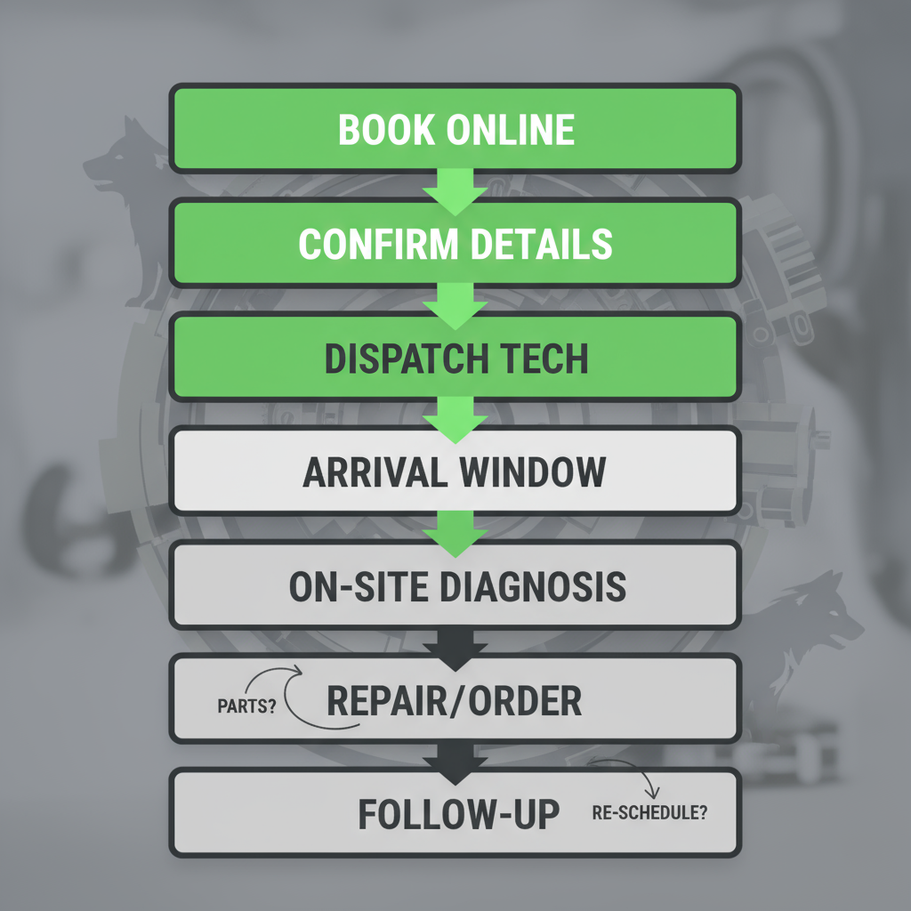 Vertical process flow depicting the 7-step appliance repair service from booking to follow-up