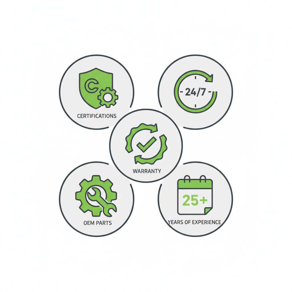 Grid of five icons representing technician certifications, OEM parts, repair warranty, years of experience, and 24/7 availability for appliance repair.