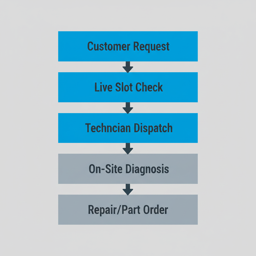 Vertical process flow showing the 5 steps of the appliance repair booking and dispatch process from customer request to repair completion.