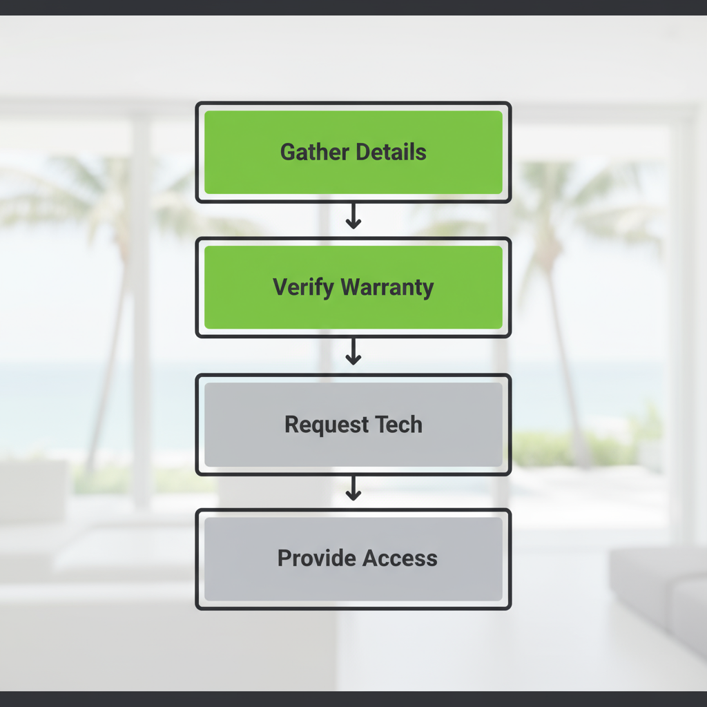 Vertical process flow illustrating the 5 steps for preparing for a certified appliance repair technician's visit, including gathering model details, verifying warranty, requesting a technician, providing access instructions, and confirming the appointment.
